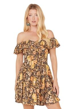 Spell Hibiscus Lane Of-Shoulder Sun Dress-Licorice